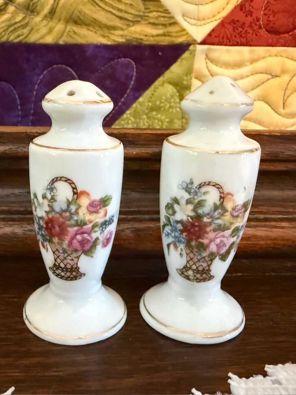 Mid-Century Japanese Fine Porcelain Floral Basket Salt & Pepper Shakers Set